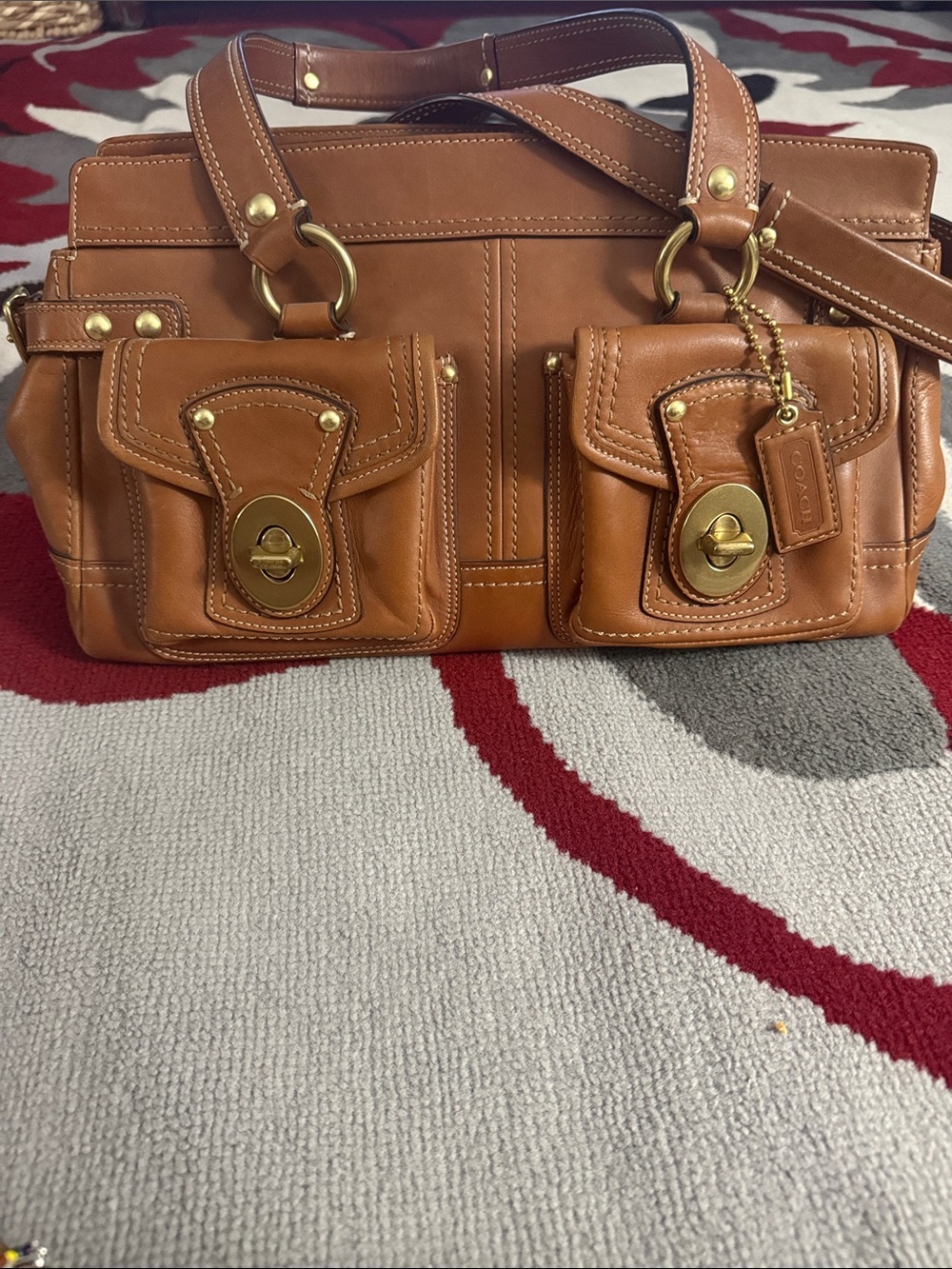 Coach Tan Leather Shoulder Satchel with Double Front Pockets